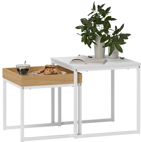HOMCOM Set di 2 Tavolini da Caffè Impilabili con Vassoio, Tavolino Salotto Moderno in Acciaio per Soggiorno e Ufficio, 45x45x45 cm e 40x40x40 cm, Bianco e Rovere