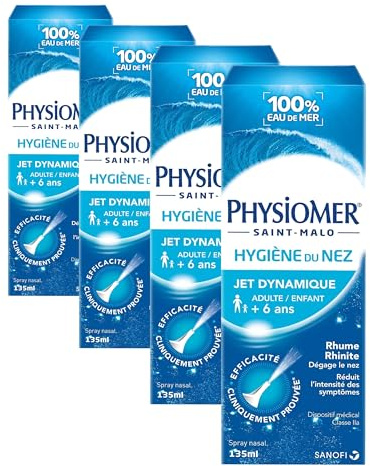 Physiomer Jet Dynamique - Spray nasal 100% eau de mer - Dispositif médical - Hygiène du nez - Dégage le nez - Facilite l’élimination du mucus - à partir de 6 ans - Format 135ml - Sans conservateur