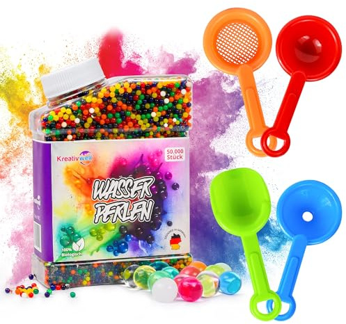 Wasserperlen Set 50.000 Stück – Biologisch Abbaubare Gelperlen & Wasserkugeln 10-12 mm mit Schaufel, Sieb, Trichter & Löffel – Für Pflanzen, Vasenfüller, Dekoration, Hochzeit, Sensorik & DIY