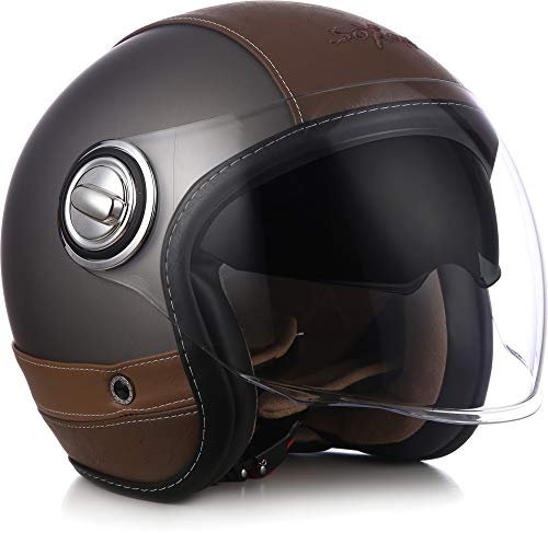 SOXON® SP-888 Pro „Urban Titan“ · Jet-Helm · Motorrad-Helm Roller-Helm Scooter-Helm Moped Mofa-Helm Chopper · ECE 22.05 Sonnenvisier Leather-Design Schnellverschluss SlimShell Tasche XS (53-54cm)