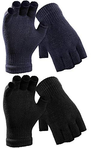 Syhood 2 Paare Halbfinger Handschuhe Unisex Warme Winter Fingerlose Handschuhe für Männer Frauen (Schwarz, Dunkelblau)