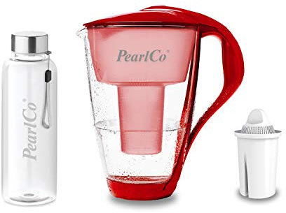 PearlCo - Glas-Wasserfilter (rot) mit 1 Universal classic Filterkartusche + 1 Trinkflasche aus Glas