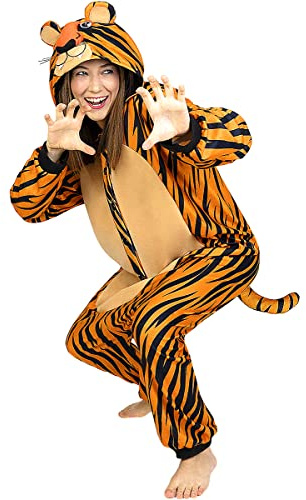 Funidelia | Déguisement tigre onesie pour femme et homme Animaux, Désert, Jungle - Déguisement pour Adultes et accessoires pour Halloween, carnaval et fêtes - Taille L-XL - Orange