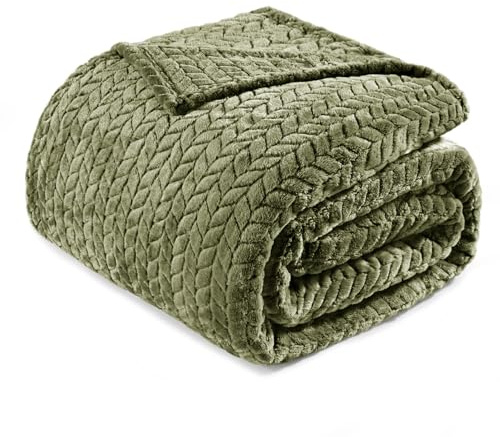 Exclusivo Mezcla Coperta Plaid Pile di Flanella per Divano, 230x170 CM Coperta Letto Singolo Matrimoniale con Modello a Foglie, Morbida e Calda, Verde oliva