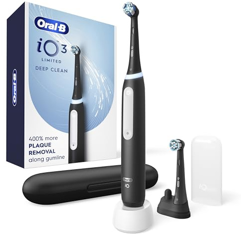 Oral-B Rechargeable Electric Toothbrush, iO3 Limited Deep Clean, 3 Cleaning Modes, Visual Pressure Sensor to Protect Gums, 2 Brush Heads, Travel Case, Black