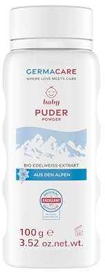 GERMACARE BABY Puder 100g - der beste Partner für den Schutz der Babyhaut | BIO Edelweiss-Extrakt aus den Alpen | ohne Parfüm | schützt die empfindlichen Hautfalten vor Reibung und Wundscheuern
