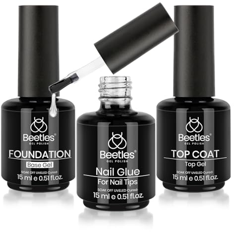 Beetles Top Coat Base Gel & Nail Glue Set-3Pcs No Wipe Top Coat Gel Nail Polish & Base Coat with 9 In 1 Nail Glue Shine Effect Long Lasting Soak Off Uv Light Lamp Diy Nail Gifts for Women & Girls