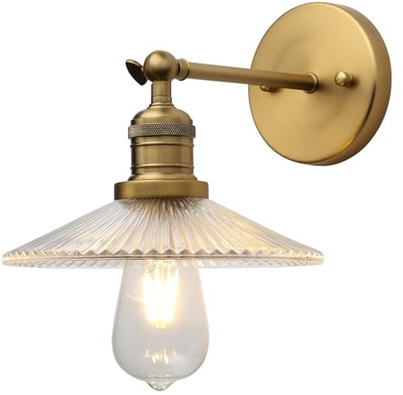JIMUBEAM Industrial Vintage Wall Sconce 1-Light with Funnel Ribbed Clear Glass Shade, Indoor Wall Mounted Lamp Fixture for Living Room Bedroom Bathroom Over Kitchen Sink