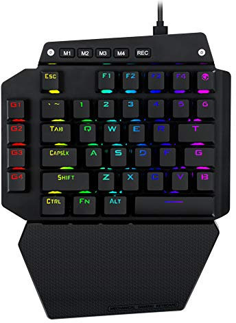 One Handed Mechanical Gaming Keyboard, RGB Led Backlit, 6 Onboard Macro Keys, Detachable Wrist Rest, Red Switch and Detachable Type C Cable, Metal Panel, All Keys No Conflict