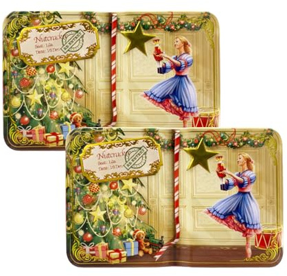 Set om 2 plåtburkar från your castle, små rektangulära burkar, nötknäpparen kakburkar, dekorativ låda för julkakor, förvaring för chokladpraliner, volym: 400 ml. Mått: 14,5 x 9 x 5 cm.