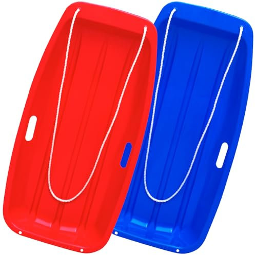 AKLIFFE Schlitten Bob Schlitten Kinder mit 2 Zugseil, 89 cm Bob Schlitten Erwachsene zum Rodeln mit Handgriffe für Unisex Kinder Erwachsene Wintersport (Rot+Blau)