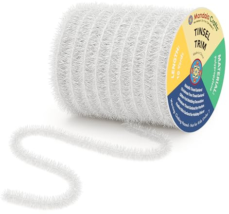 Mandala Crafts White Tinsel Garland – 30 Feet Thin Metallic Foil Glitter Garland for Christmas Tree, Party, Wedding Decor, and Holiday Decorations