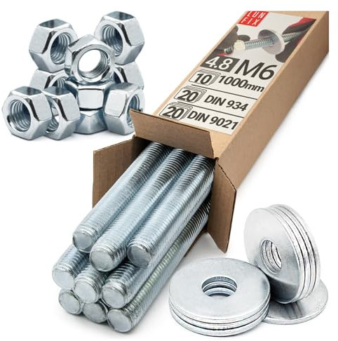 Tige filetée Set M6 x 1000 mm 10 pièces acier galvanisé 4.8 DIN 976 avec écrous DIN 934 et rondelles DIN 9021 - goujon fileté M6 boulon vis longue métrique complet tige fixation métal