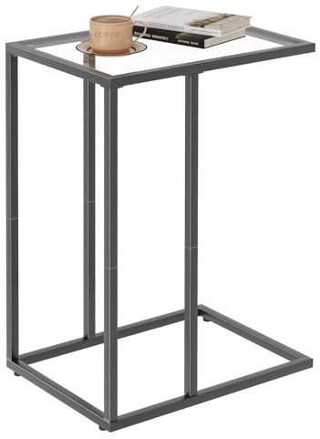 Huhote C Shaped End Table, Glass Side Table for Couch, Sofa Tables with Metal Frame, CouchTable with Suction Cups, Narrow Bedside Tables for Living Room, Bedroom, Bedside, Black