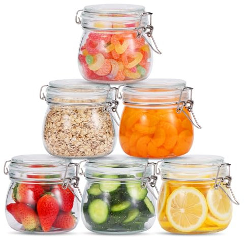 Airtight Glass Canister Set of 6 with Lids 17oz Food Storage Jar Round, Storage Container with Clear Preserving Seal Wire Clip Fastening for Kitchen Canning Cereal, Pasta, Sugar, Beans, Spice