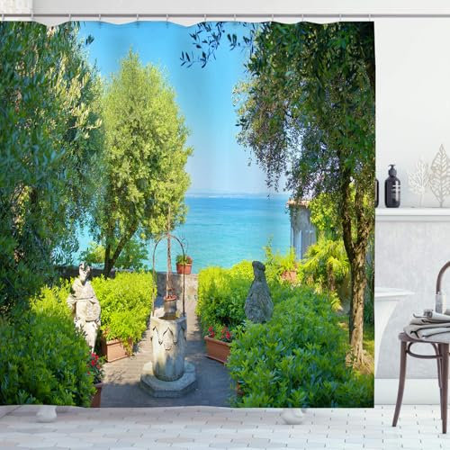 OCEUMACO Garden Shower Curtain Outdoor for Wet Room Outside Extra Wide Fabric 3D Green Blue Italy Picture Scene Bathroom Shower Curtains 240 x 200 cm Anti Mould Waterproof with Hooks