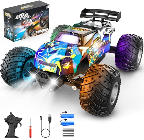 Rcjoyou Remote Control Car, 2WD Off-Road Rc Truck, 20 KM/H All-Terrain RC Cars with Headlights & Body Lights, 2.4GHz, 2 Batteries, Remote Control Car for Boys 4-7 8-12, Gift Toys for Boys Girls