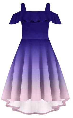 Arshiner Robe d'été pour Filles épaules Dénudées Manches à Volants Robe élégante à Bretelles Robe trapèze Robe Haute et Basse Robes Décontractées avec Poche 4-13 Ans