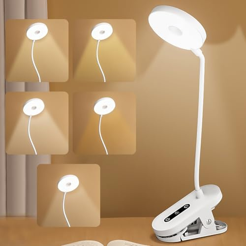 WIYETY Lampada da comodino a clip: mini lampada da tavolo ricaricabile con braccio flessibile, protezione degli occhi, lampada da tavolo LED con 5 temperature di colore per imparare a leggere (bianco)