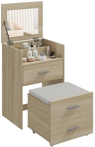 HOMCOM Postazione Trucco con Specchio a Ribalta, Sgabello a Scomparsa con Ruote, Toeletta Trucco con Sgabello, Cassetti, Cuscino in Effetto Lino Staccabile Lavabile, Scomparti, Salvaspazio, Naturale