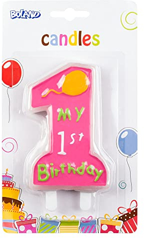 Boland 63410 - Candela di compleanno My 1st Birthday, numero 1, con portacandela, spina, rosa, 1° compleanno, palloncino, numero 1, compleanno bambini, mini candele, candela per torta, torta, asilo