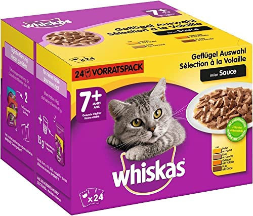 Whiskas 7 + Katzenfutter – Geflügel-Auswahl in Sauce – Hochwertiges Katzenfutter ab dem 7. Lebensjahr und älter – 2 x 24 Portionsbeutel à 100g