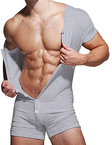 Muscle Alive Herren Unterwäsche Kurzarm Strampler Overall Henley Jumpsuit Stretchy Cotton Ramper Grau L