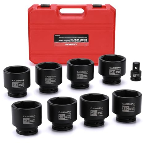 CASOMAN 9PCS 3/4 Drive Spindle Axle Nut Impact Socket Set, Include 1/2 to 3/4 Adapter, 6 Point, CR-MO, 2-1/16 to 2-1/2, Large Socket Set, Heavy Duty Use In Removing And Installing Axle Nuts