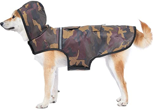 KoKoBin Chaqueta reflectante impermeable para perros con capucha y agujero en el cuello, chaqueta impermeable superligera y transpirable para perros medianos y grandes (L, marrón)