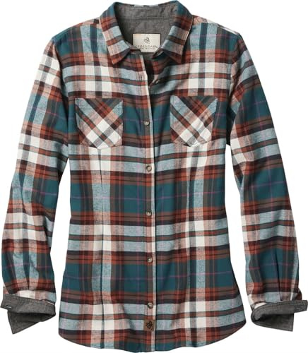 Legendary Whitetails Womens Cottage Escape Flannel Long Sleeve Plaid and Solid Color Clothes, Fitted Button Down, Golden Teal Plaid, XXL
