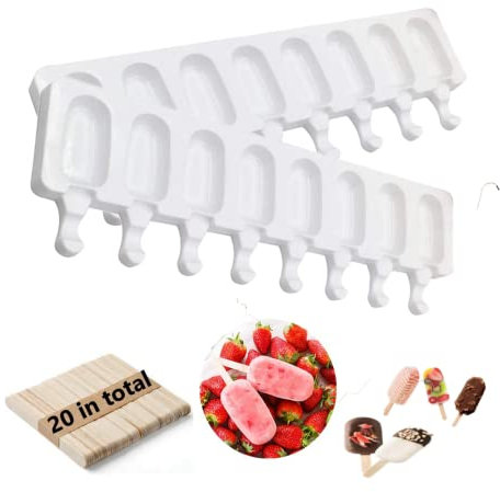 Stampi per Gelato Silicone,2 Pezzi 8 Cavità Stampi ghiaccioli in Silicone con 20 Stecchi Gelato Legno,Ideale per la Preparazione Cioccolato congelato Fai da Te Gelati,Lecca-lecca Formine Ghiaccioli