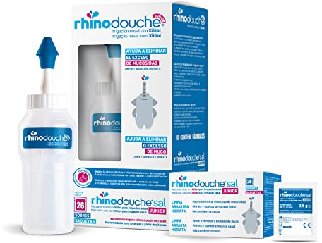 RHINODOUCHE Urgo Junior Nasal Wash Starter Pack contient 250 ml de fil dentaire nasal + 26 sachets de 2,5 g contenant un mélange de sel de xylitol.