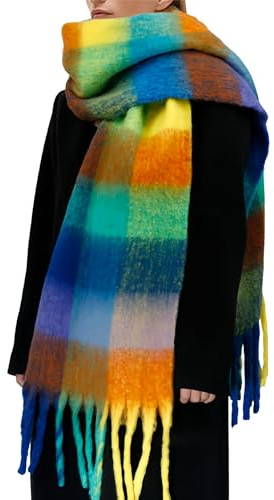 BLATIAL Womens Scarf Winter Big Colorful Checked Thick Warm Soft Scarves Casual Tassel Blanket Scarf,A-Colorful Design
