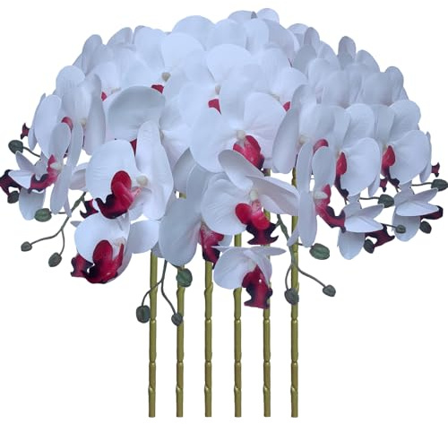 FagusHome Flores artificiales de 32 pulgadas de Phalaenopsis, 6 piezas de tallos de flores de orquídeas artificiales para decoración del hogar (blanco puro)