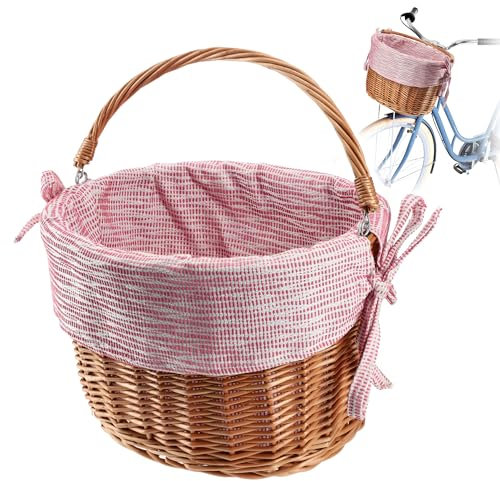 KADAX Fahrradkorb mit Griff, Weidenkorb mit Einlage, Lenkerkorb mit Haltebügeln, Aufbewahrungskorb, robuster Einkaufskorb, Trägerkorb, Fahradzubehör (Rosa)