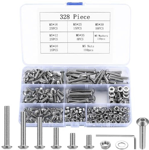 Ensemble de 328 Pièces Vis à Tête Cylindrique avec Écrous et Rondelles M5, Vis à Filet M5 avec Écrous et Rondelles, Kit de Fixation à Vis à Six Pans Creux (328 Argent)