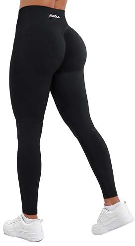 AUROLA Influence Workout Leggings for Women, Seamless Compression Tummy Control Leggings Mid Rise Yoga Pants,Black,S