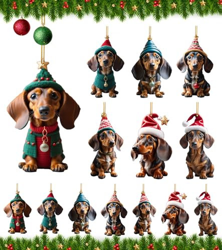 T TAKONE 14 decorazioni per bassotti in acrilico 2D, perfette come decorazione per albero di Natale e decorazioni natalizie per auto (basso)