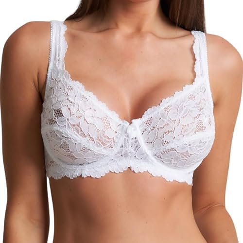 Trendy Lane Women’s Underwire Floral Lace Bra - Full Cup, Non-Padded, Soft Cups & Adjustable Straps - Everyday Comfortable Fit in Black & White (White, 36D)