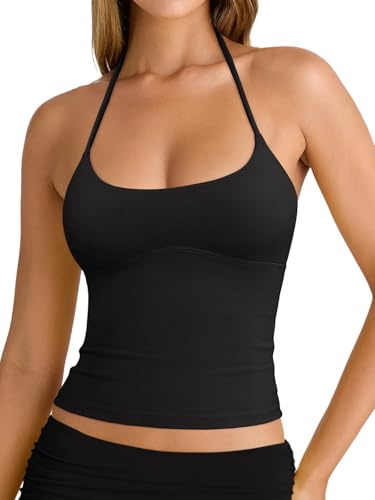 REORIA Women's Summer Sexy Halter Backless Double Lined Tank Top Going Out Y2k Trendy Sleeveless Camisole Crop Tops for Women 2026 Fashion Black Small