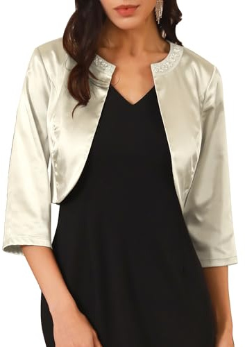 WOMLAYOUT Women's Open Front Shrugs 3/4 Sleeve Beaded Trim Wedding Guest Cocktail Crop Satin Bolero Small Champagne