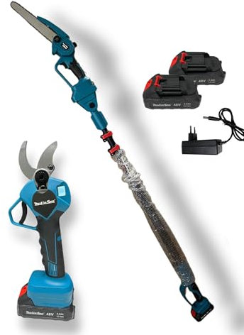 KIT POTATURA MOTOSEGA 8 CON OLEATORE, FORBICE APERTURA MAX 40MM, taglio 35mm DUE APERTURE CON LED NUMERO TAGLI E PERCENTUALE BATTERIA, ASTA TELESCOPICA DOPPIA BATTERIA 48V 5Ah