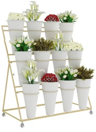 Espositore per Fiori con 12 secchi, espositore per carrelli portafiori a 3 Livelli con Ruote, Robusto e Mobile per Fiori, per Interni, Esterni, Patio, Giardino, Soggiorno, fiorista