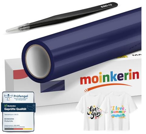 moinkerin Indigo 30,5 x 200 cm, plotterfolie, textil och överföringsfolie, plotter – PVC-överföringsfolie med pincetter i rostfritt stål för gör-det-själv T-shirts och textilier