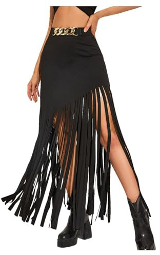 Festival Hose, Festival Outfit Damen Rock Sexy Lang Techno Maxirock Party High Waist Rave a Linie Fransenrock für Streetwear Und Clubwear, Schwarz, M