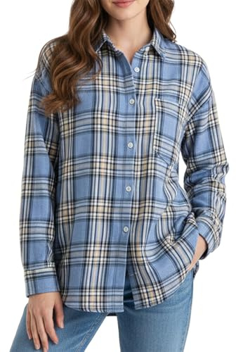 Generisch Women's Checked Flannel Shirt in Light Blue - Long Sleeve Lumberjack Blouse with Chest Pocket | Classic Button-Down Shirt for Layered Look, style_n01 blue, M