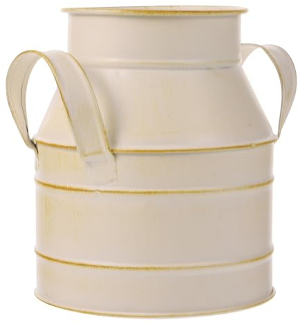 LALAFINA Iron Flower Bucket Planter with Handles, Rustic Floral Vase Decoration, Cream White Iron Pot for Home and Office Flower Arrangement