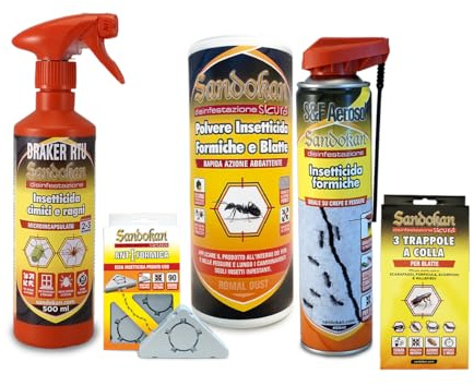 Kit anti Formiche e Insetti Striscianti – Contro Formiche, Blatte, Cimici, Ragni – Spray, Gel, Polvere e Trappole – Uso Interno ed Esterno – Made in Italy
