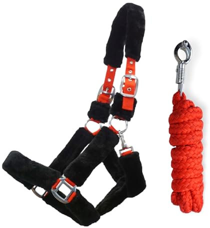 Pferde Halfter und Strick Fellhalfter mit Führstrick Pferd Panikhaken Halfter Pony, Cob, Warmblut, Kaltblut (Vollblut (Clob))