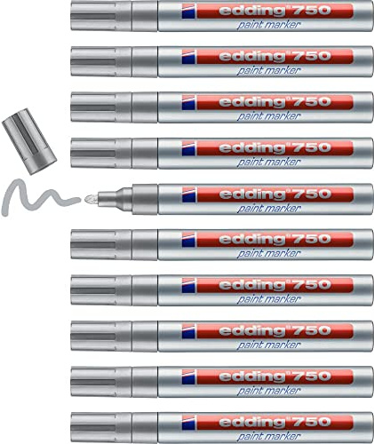 edding 750 Lackmarker - silber - 10 Stifte - Rundspitze 2-4 mm - Lackstift zur Markierung und Beschriftung von Metall, Glas, Stein oder Kunststoff - hitzebeständig, permanent, wisch- und wasserfest